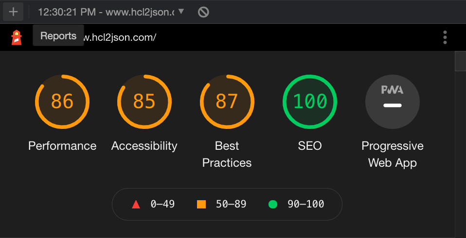 An example Lighthouse report, showing an 86 for performance, an 85 for accessibility, an 87 for best practices, and 100 for seo