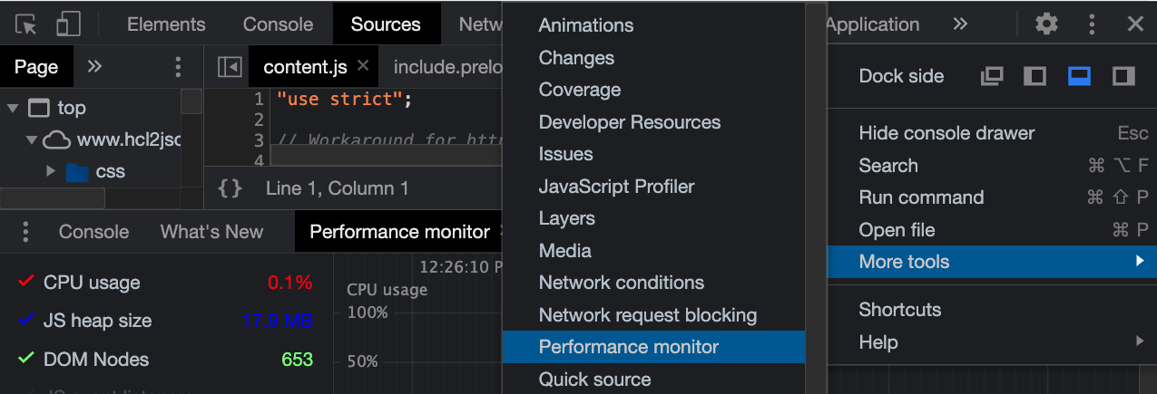 Where to find the CPU &amp; Memory Performance Monitor in the Menu in the Browser Dev Tools