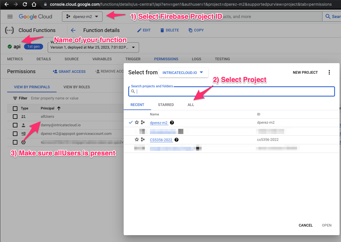 The Cloud Functions dashboard with arrows pointing key areas