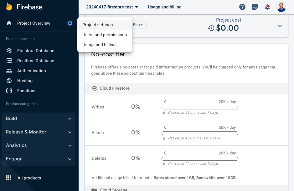 Firebase Usage and Billing dashboard showing that I&#39;m using 0% of my quota