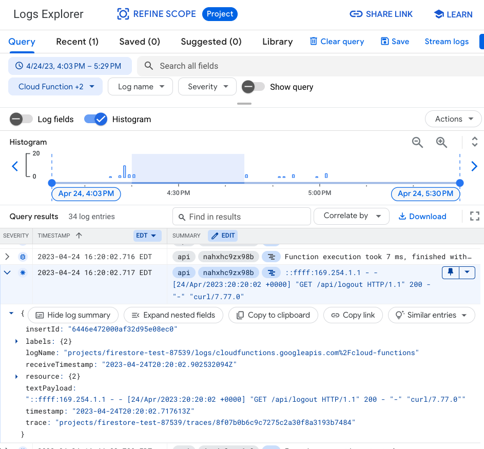 Example logs from Cloud Functions