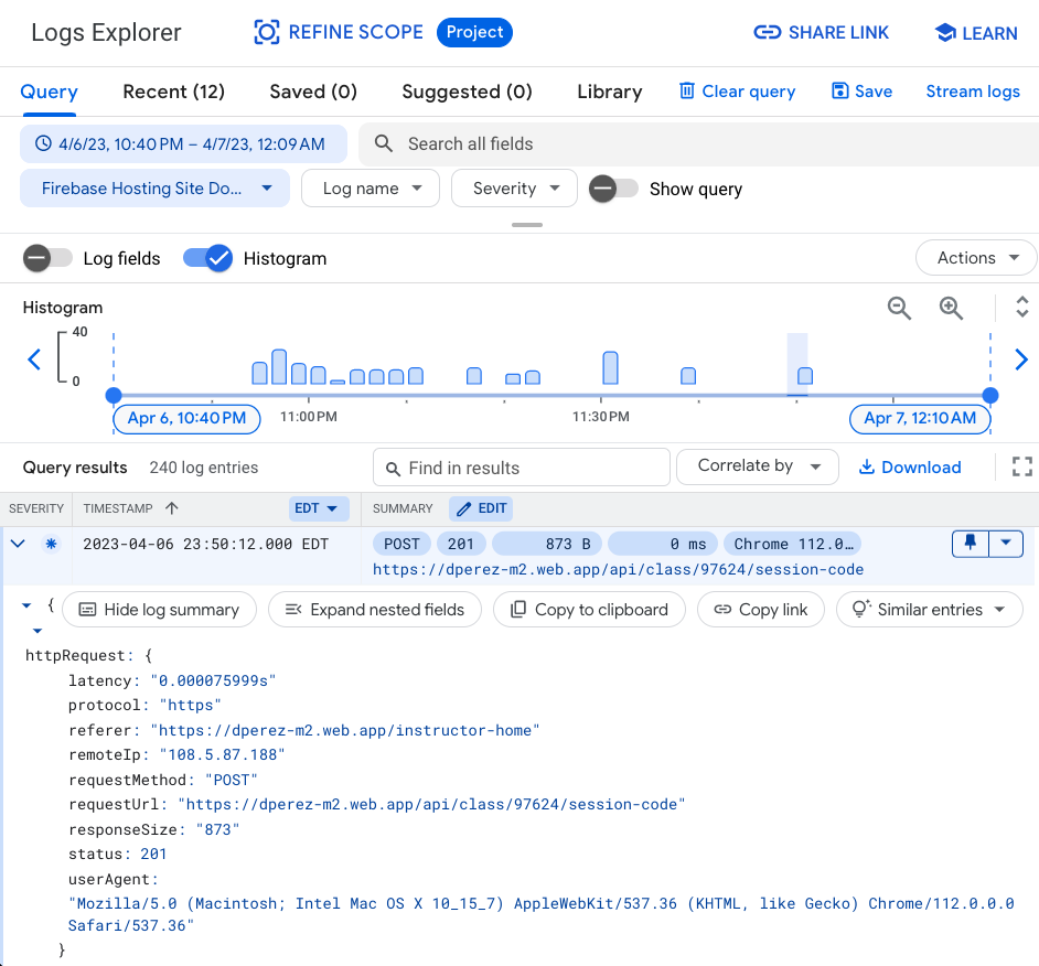 The Logs Explorer Dashboard in the Google Cloud console