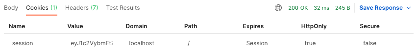 screenshot showing new session cookie in Postman